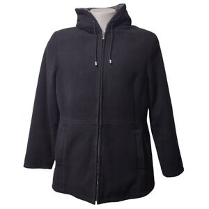 Pea Coat Fleet Street Woman's Size XL  Wool Blend Zip Up Hooded Pockets Black @_